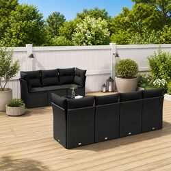 8 Piece Black Garden Sofa Set with Cushions and Glass Top