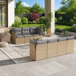 8 Piece Beige Poly Rattan Garden Sofa with Cushions