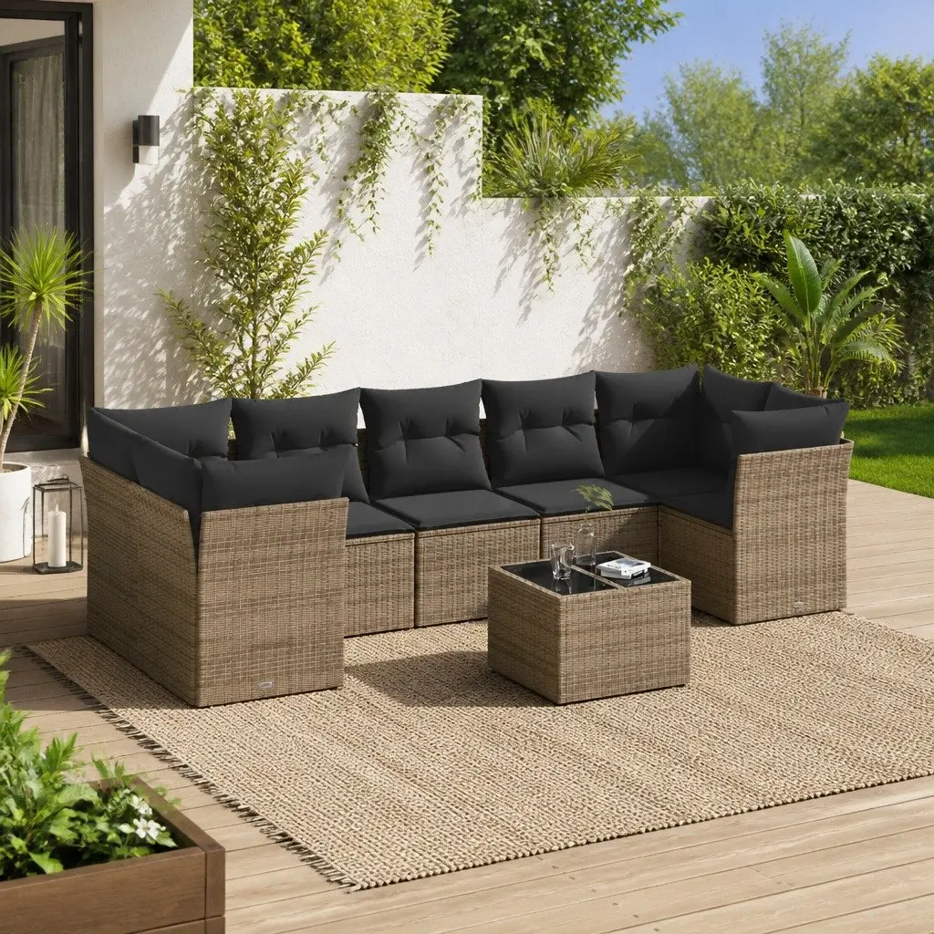 Modular Outdoor Furniture Set 8 Piece Grey Poly Rattan Patio Lounge with Cushions and Glass Table