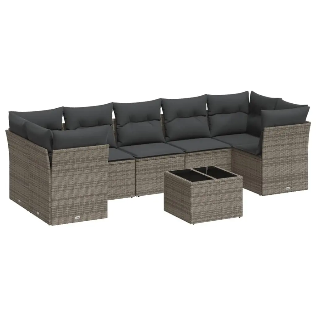 Modular Outdoor Furniture Set 8 Piece Grey Poly Rattan Patio Lounge with Cushions and Glass Table