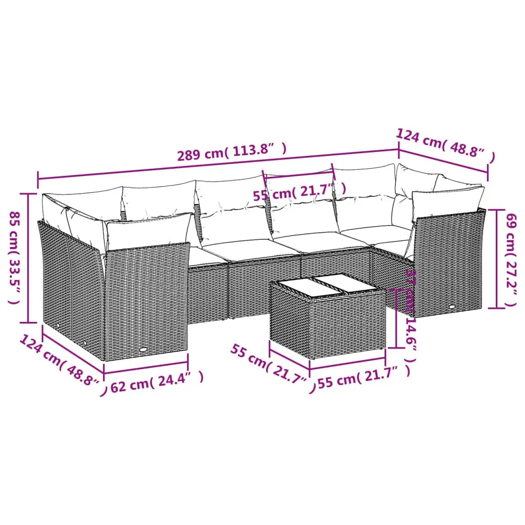 Modular Outdoor Furniture Set 8 Piece Grey Poly Rattan Patio Lounge with Cushions and Glass Table