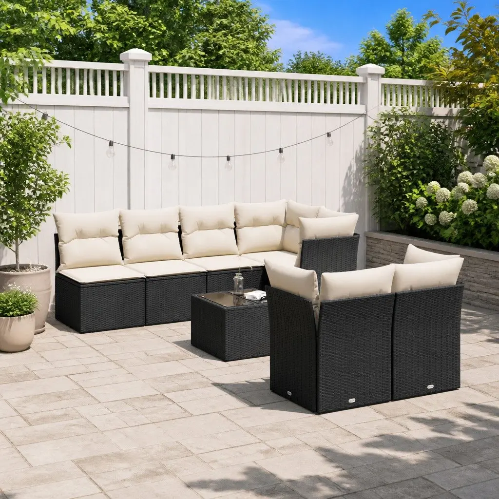 8-Piece Black Poly Rattan Outdoor Sofa Set