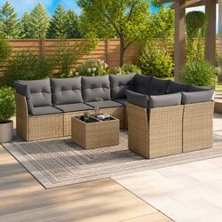Garden Sofa Set 9 Piece with Beige Cushions and Glass Top