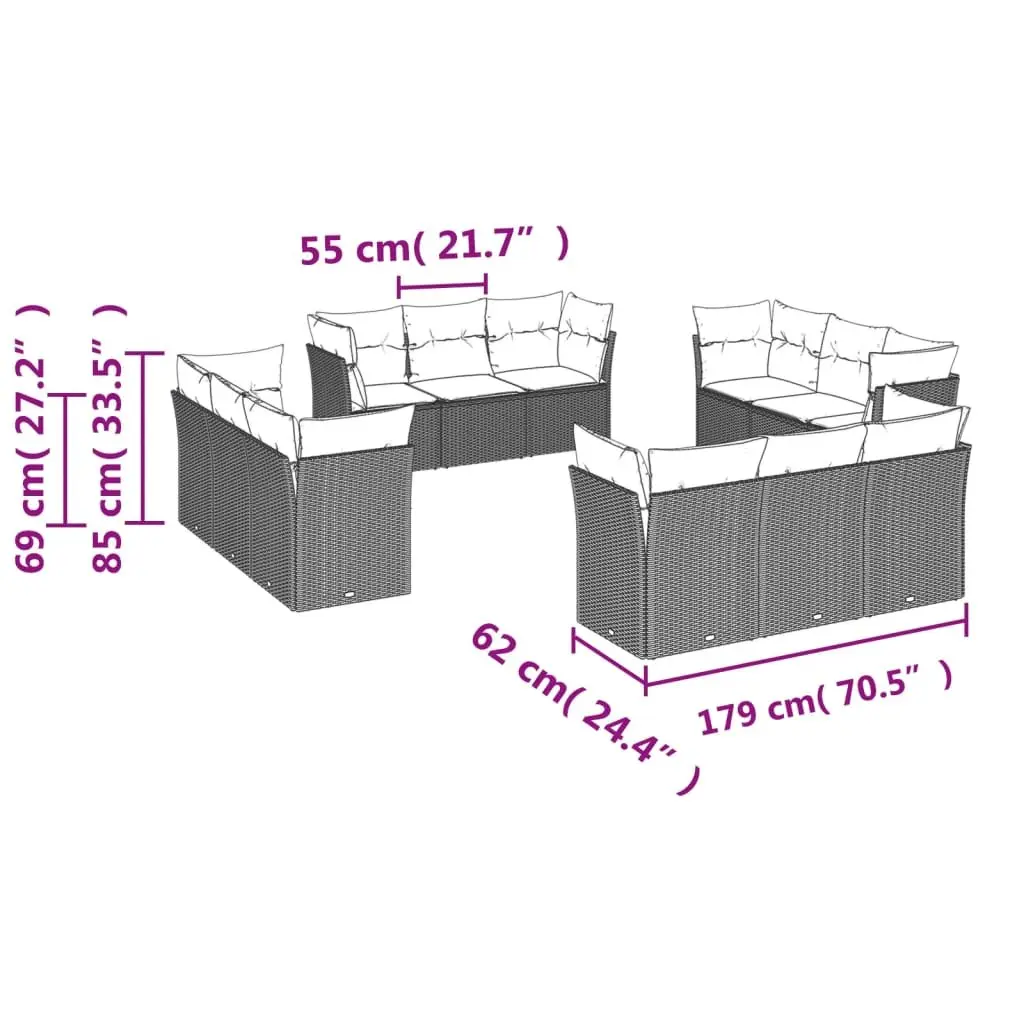 Garden Sofa Set Outdoor Furniture Patio Modular 12 Piece Black Rattan Cushions