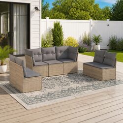 Garden Sofa Set 7 Piece Outdoor Furniture Beige Poly Rattan Patio Sectional