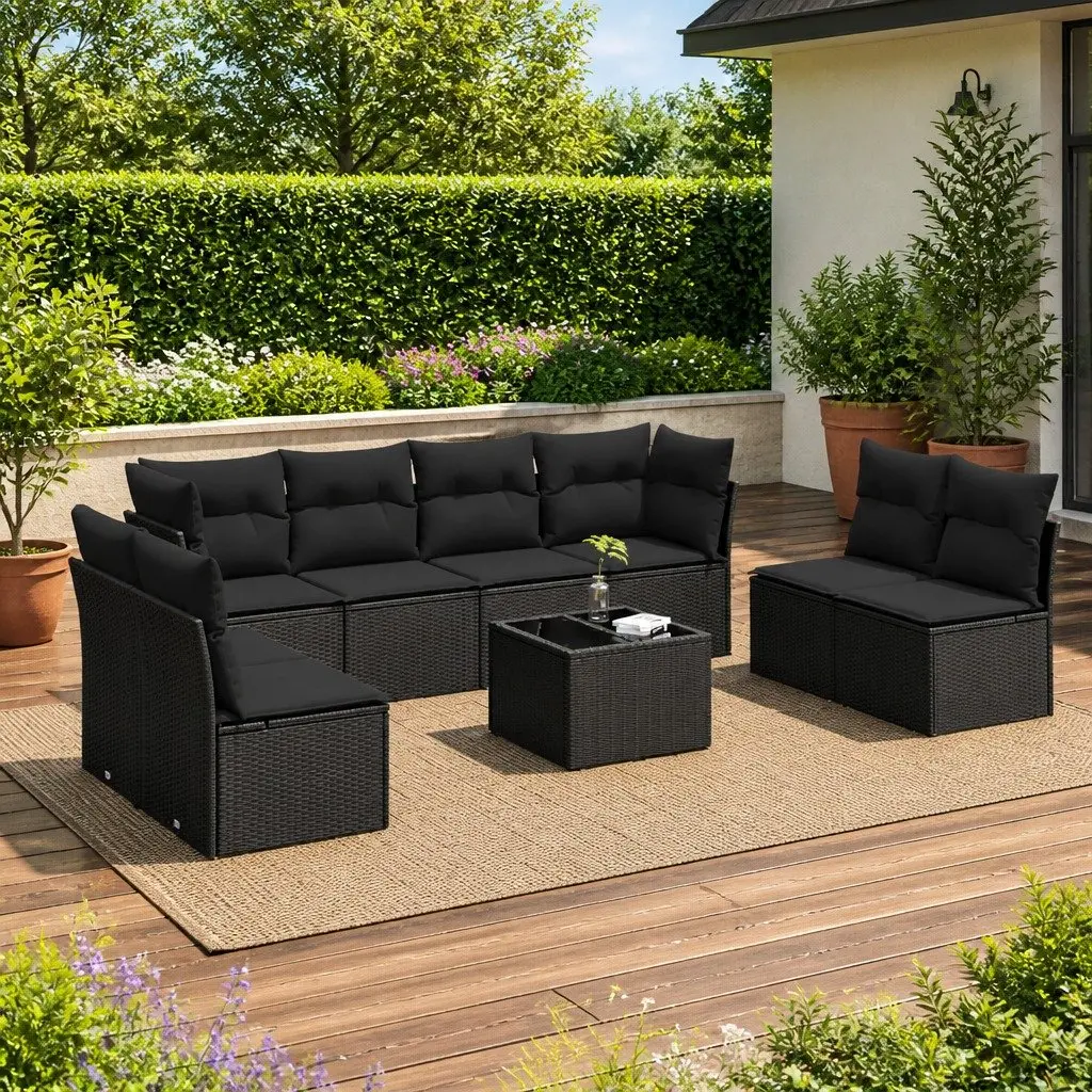 Garden Sofa Set 9 Piece Outdoor Furniture Black Poly Rattan with Cushions Patio