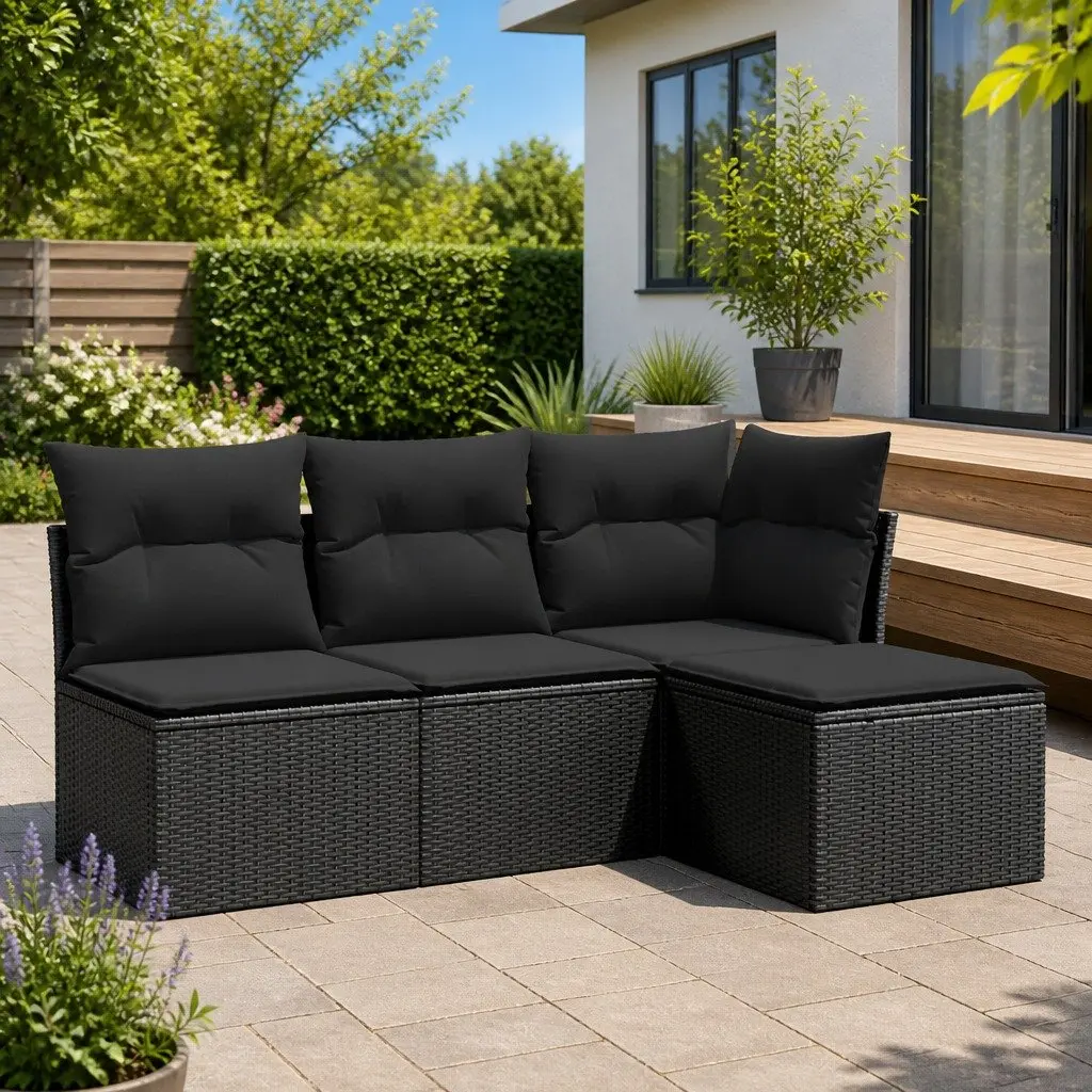Garden Sofa Set Outdoor Furniture 4 Piece Modular Black Poly Rattan