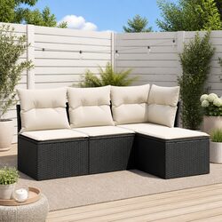 PE Rattan 4-Piece Garden Sofa Set – Black with Cushions