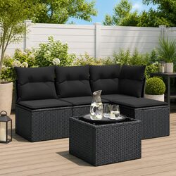5-Piece Outdoor Sofa Set - Black PE Rattan with Glass Table
