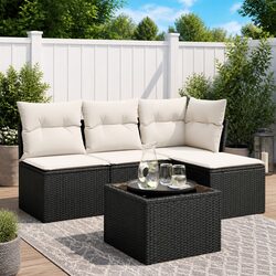 5 Piece Outdoor Sofa Set with Cushions – Black Rattan