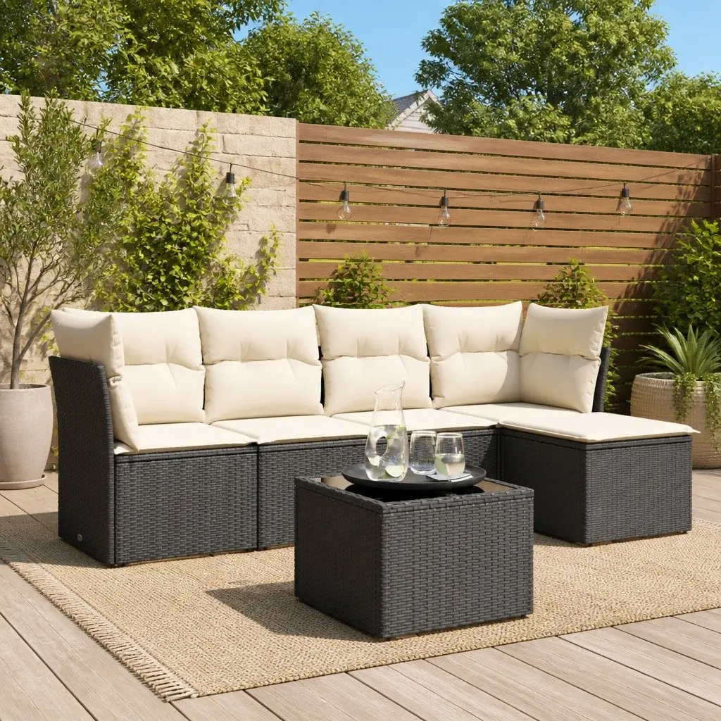 6-Piece Black Poly Rattan Garden Sofa Set