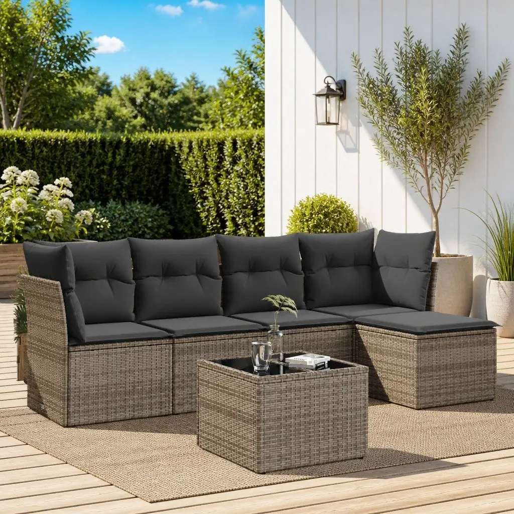 Garden Sofa Set 6 Piece Outdoor Furniture Grey Poly Rattan Patio Cushions