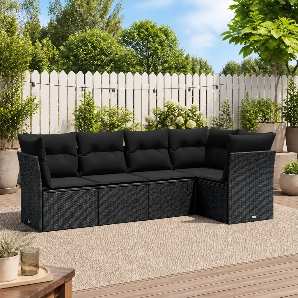 5 Piece Black Poly Rattan Sofa Set