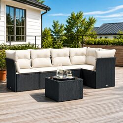 Garden Sofa Set 6 Piece Black Poly Rattan Outdoor Furniture Modular Patio