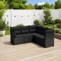 Garden Sofa Set: 5 Pieces, Black PE Rattan, Cushions Included