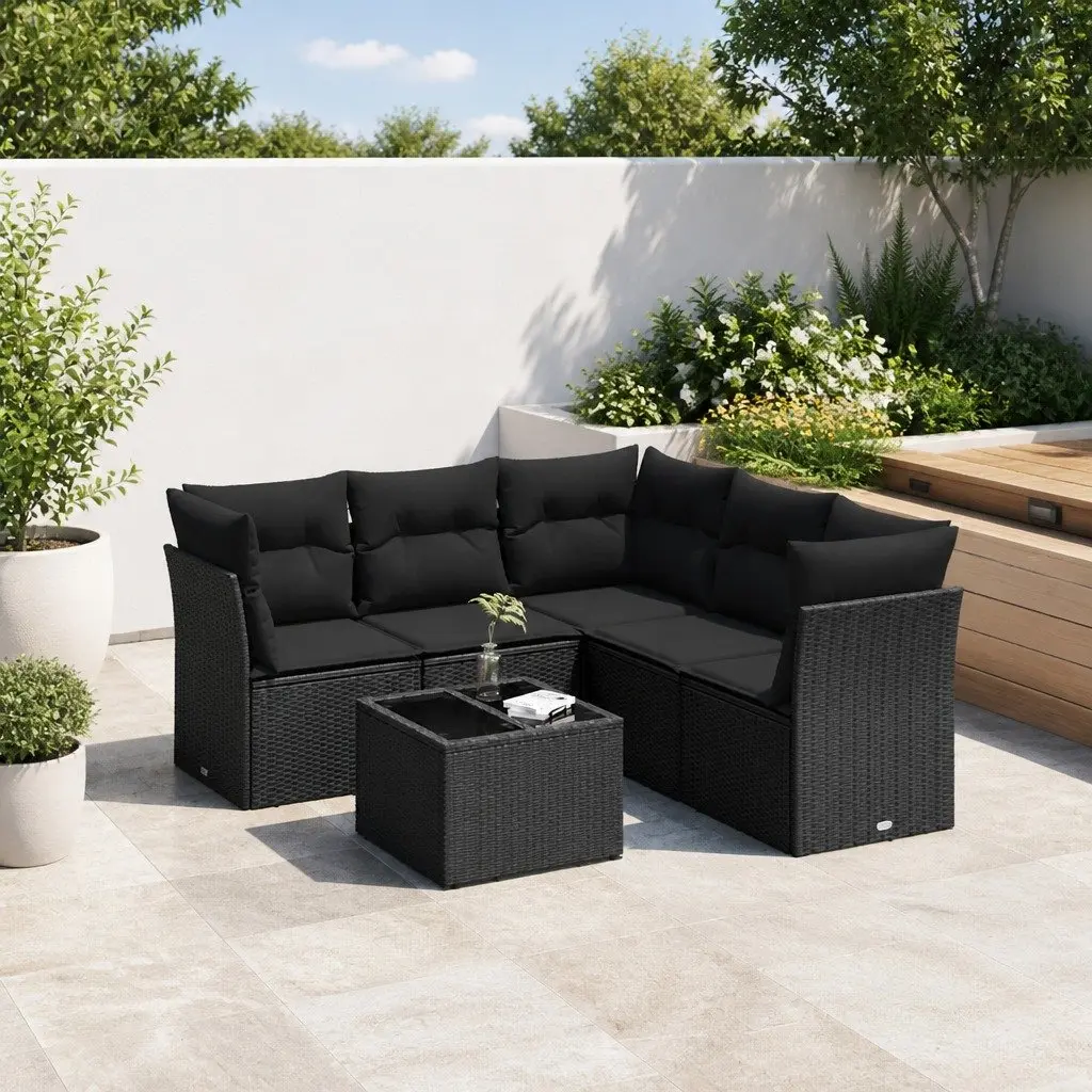 Garden Sofa Set 6 Piece Outdoor Furniture Black Rattan Modular Patio Lounge