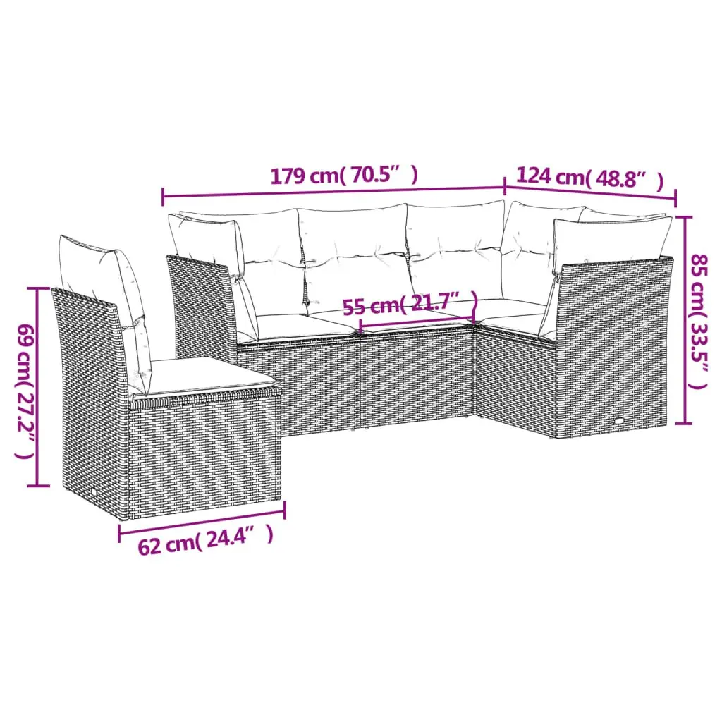 5 Piece Garden Sofa Set Outdoor Patio Furniture Black Poly Rattan with Cushions