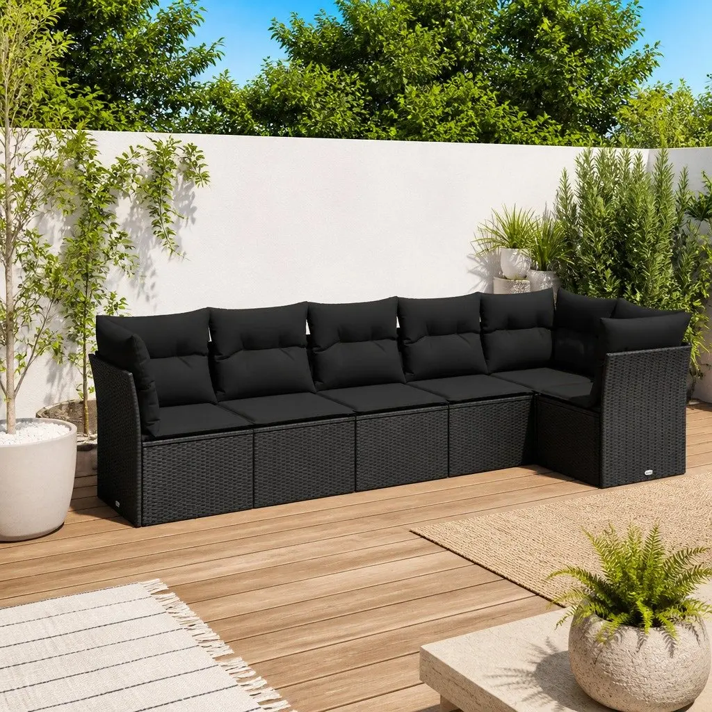 6 Piece Garden Sofa Set for Patio Black Poly Rattan Outdoor Furniture