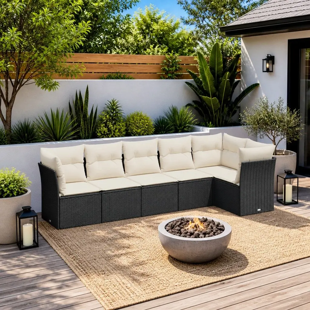 Black Modular 6-Piece Garden Sofa Set with Cushions