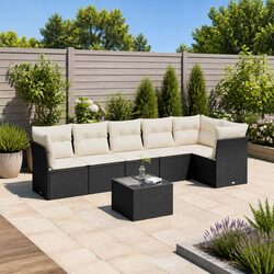 7 Piece Outdoor Garden Sofa Set with Cushions Black Poly Rattan Patio Furniture