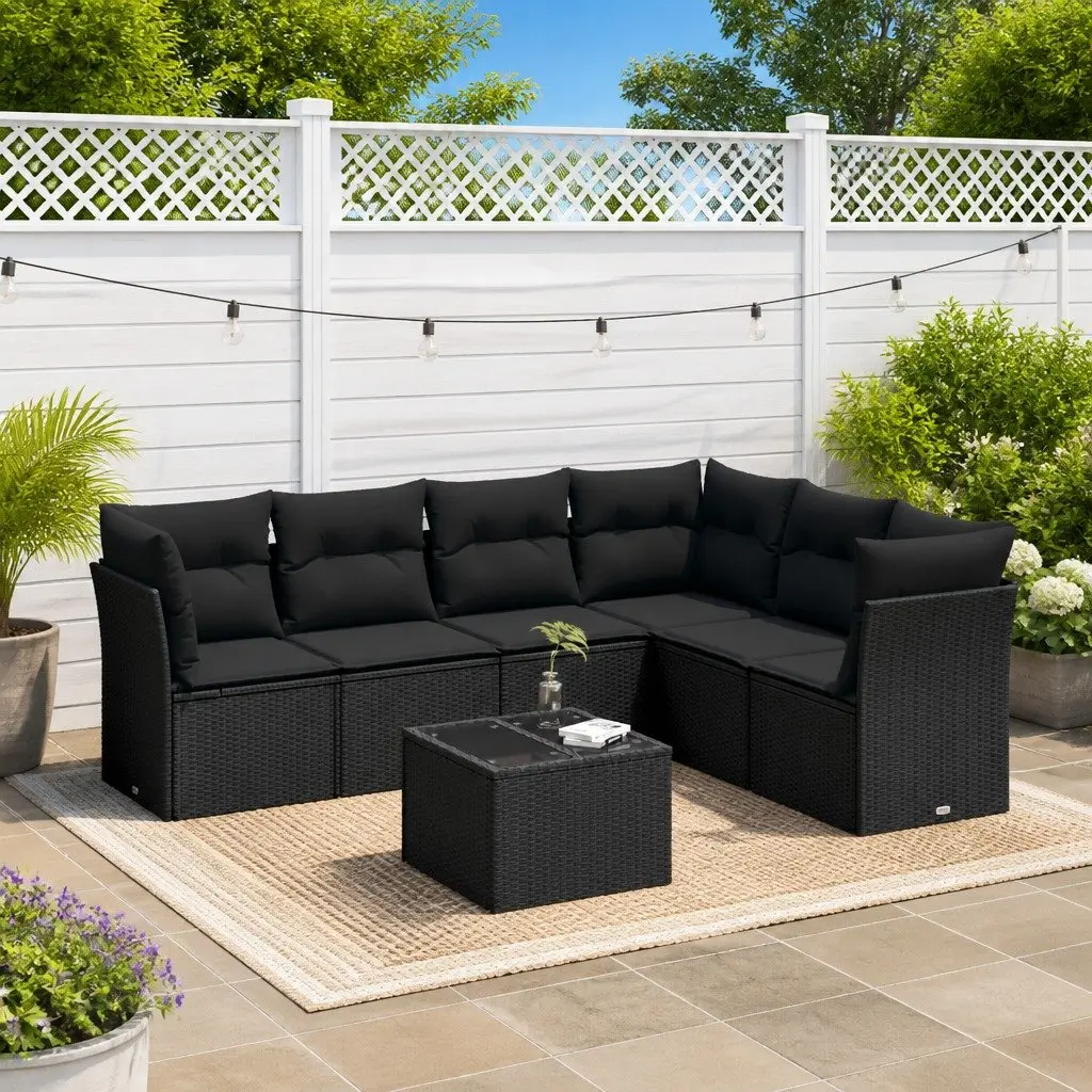 Garden Sofa Set Outdoor Furniture 7 Piece Black Poly Rattan Patio Lounge