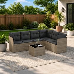 Garden Sofa Set 7 Piece Outdoor Furniture Grey Poly Rattan with Cushions Patio