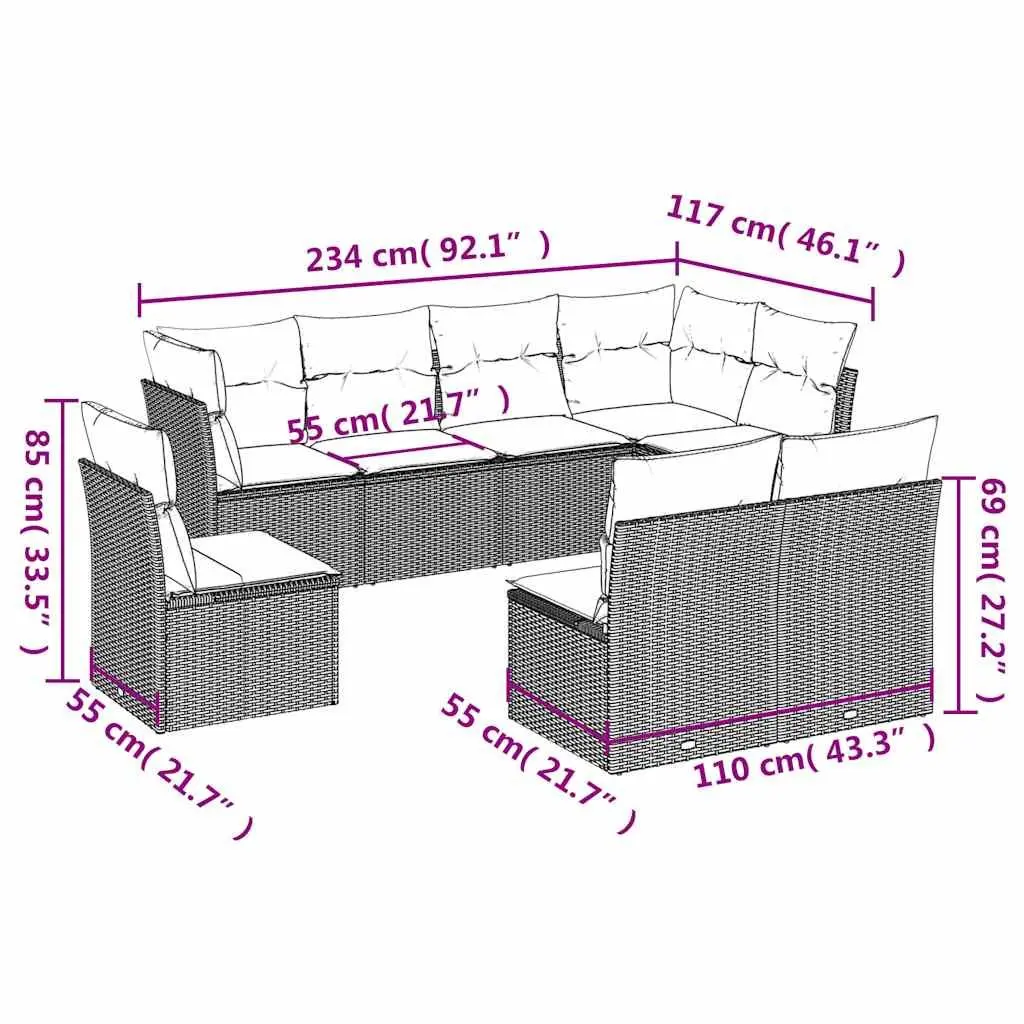 8-Piece Modular Black Garden Sofa Set