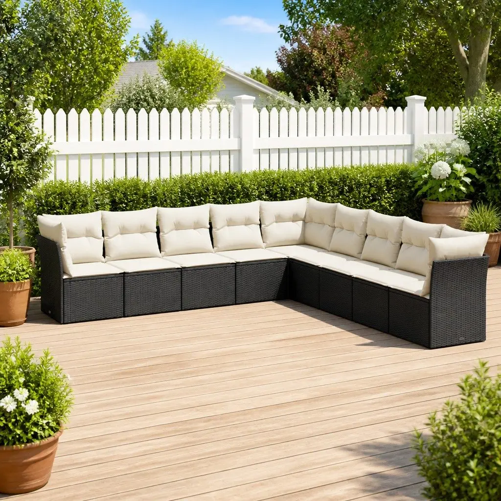 9 Piece Modular Black Garden Sofa Set with Cushions