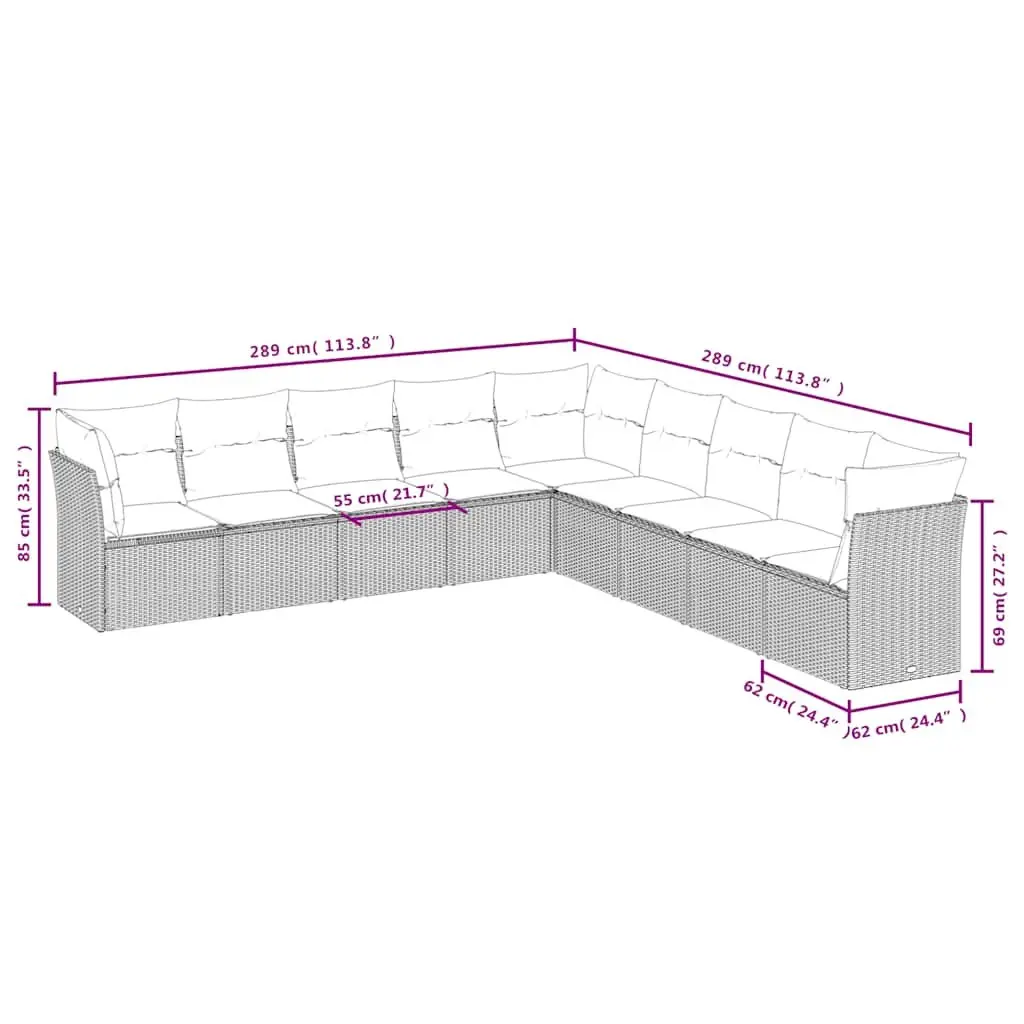 9 Piece Modular Black Garden Sofa Set with Cushions