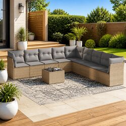 Garden Sofa Set 10 Piece Outdoor Furniture Beige Poly Rattan Patio Lounge with