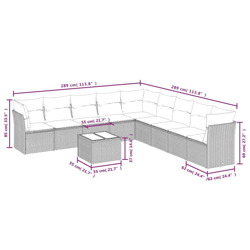 Garden Sofa Set 10 Piece Outdoor Furniture Grey Poly Rattan with Cushions Patio