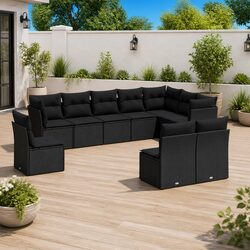 10-Piece Black Patio Sofa Set with Cushions and Modular Design
