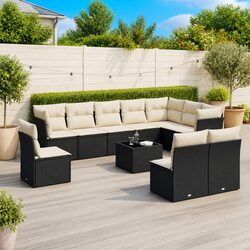 Outdoor Garden Sofa Set 11 Piece Black Poly Rattan Patio Furniture with Cushions