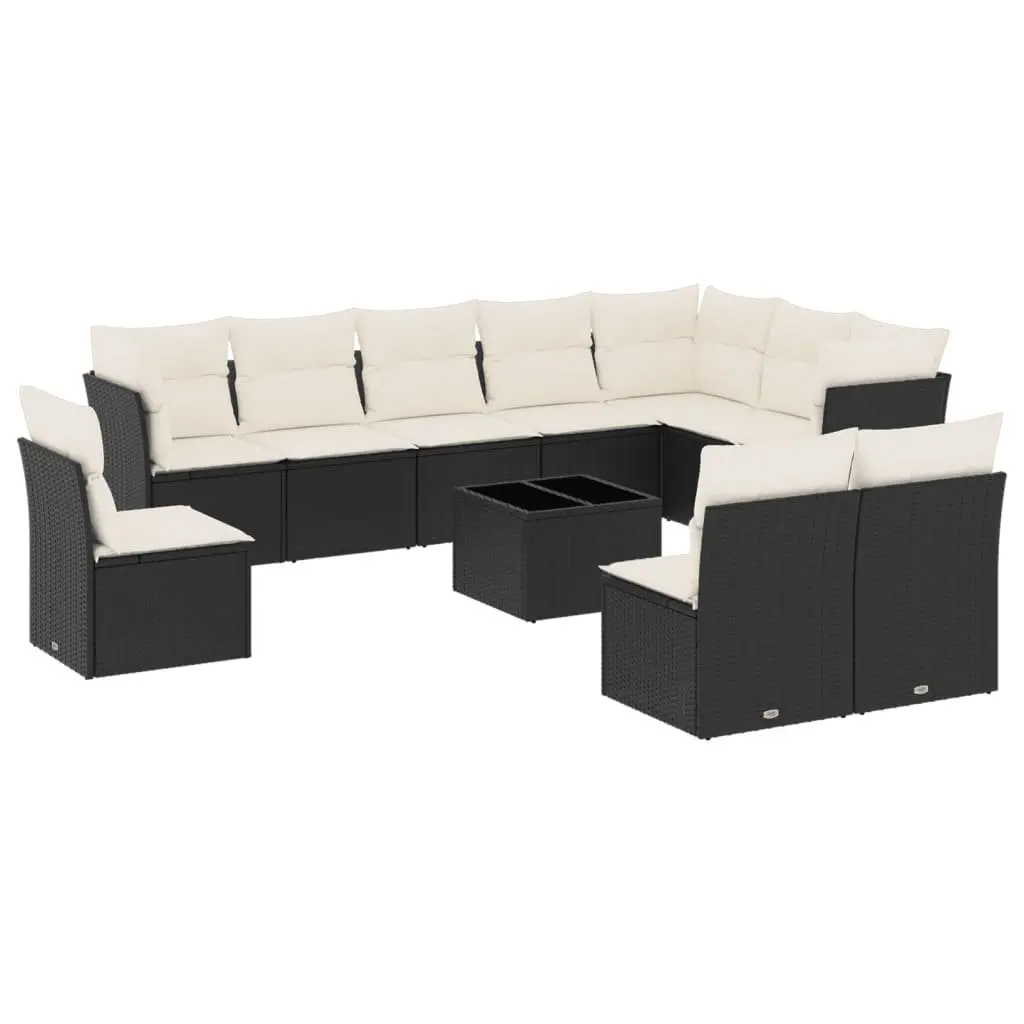 Outdoor Garden Sofa Set 11 Piece Black Poly Rattan Patio Furniture with Cushions