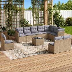 11 Piece Modular Garden Sofa Set: Beige Rattan, Cushions Included