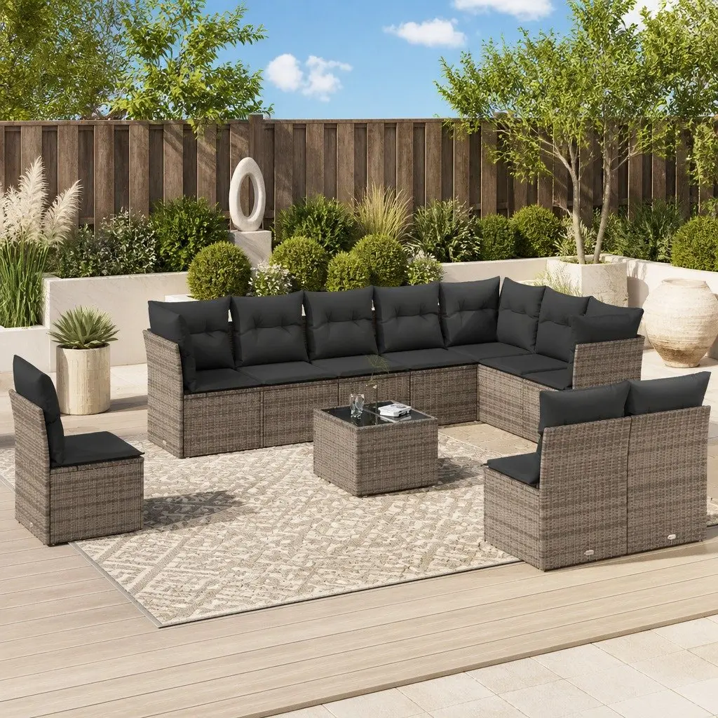 11 Piece Modular Outdoor Sofa Set Rattan Furniture for Garden Patio with Grey Cushions