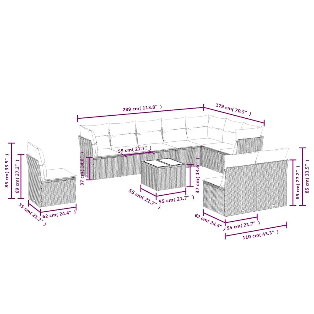 11 Piece Modular Outdoor Sofa Set Rattan Furniture for Garden Patio with Grey Cushions
