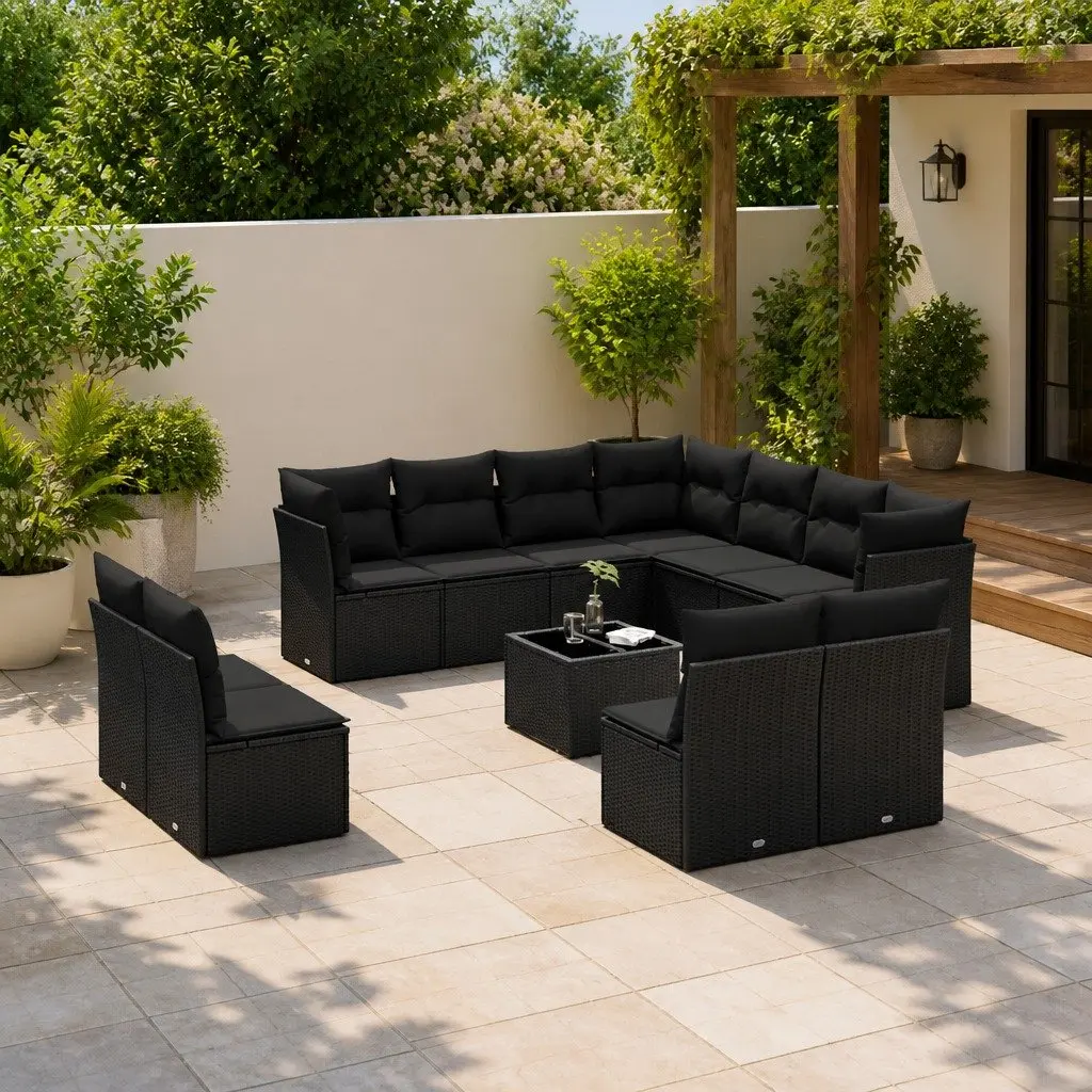 Garden Sofa Set Outdoor Furniture Patio Lounge 12 Piece Black Poly Rattan