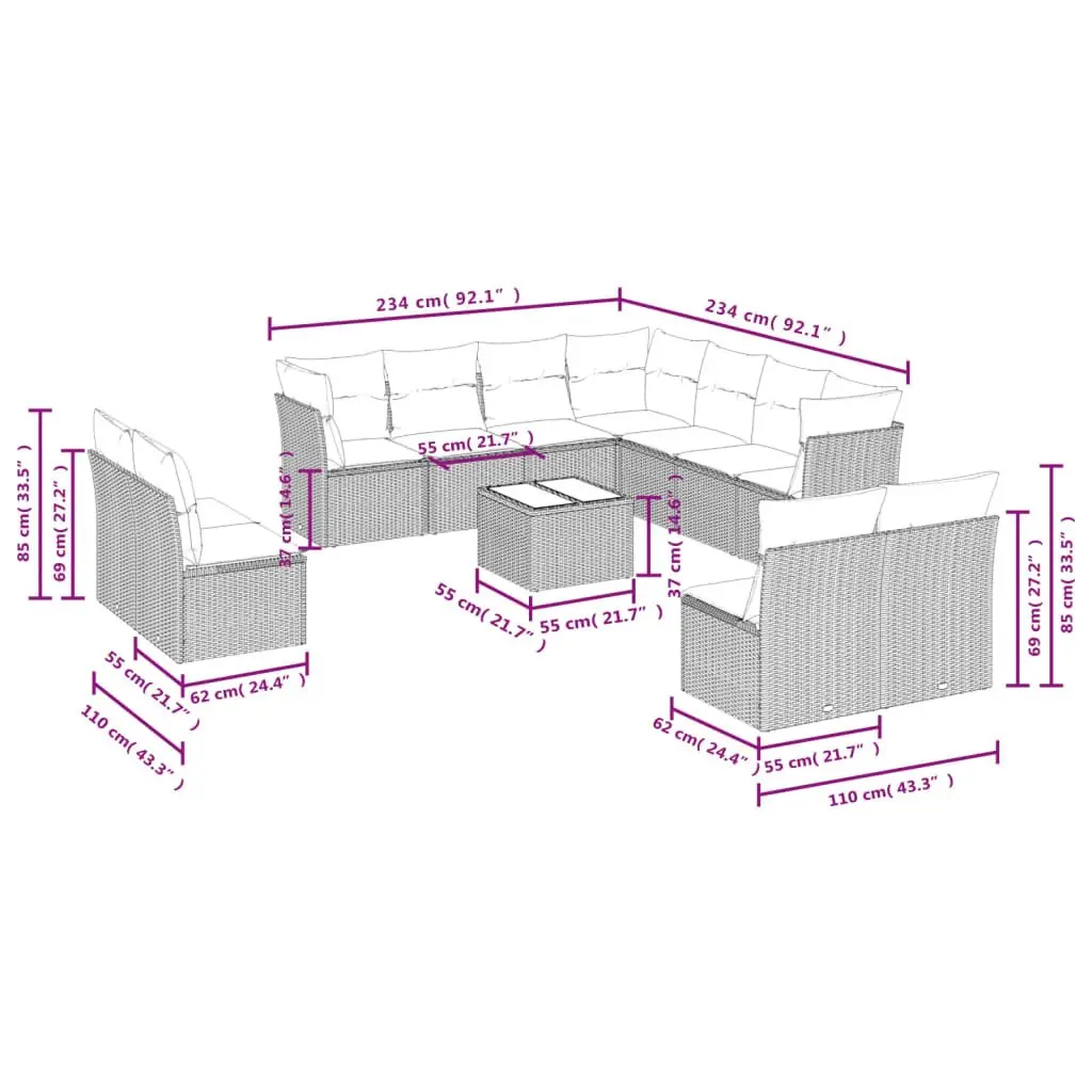 Garden Sofa Set Outdoor Furniture Patio 12 Piece Black Poly Rattan Modular