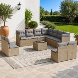 Outdoor Garden Sofa Set 12 Piece Beige Poly Rattan Patio Furniture with Cushions
