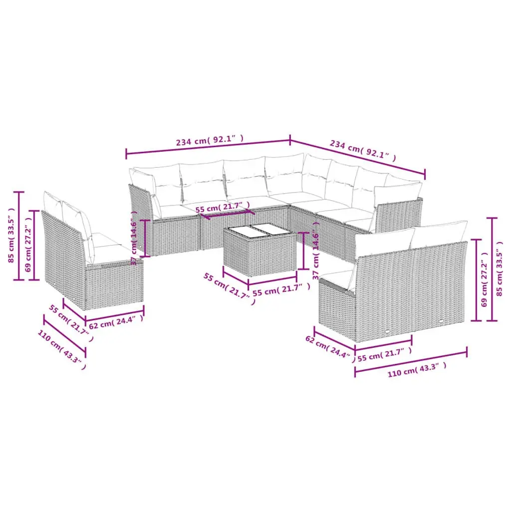 Garden Sofa Set 12 Piece Outdoor Furniture Grey Poly Rattan with Cushions Patio
