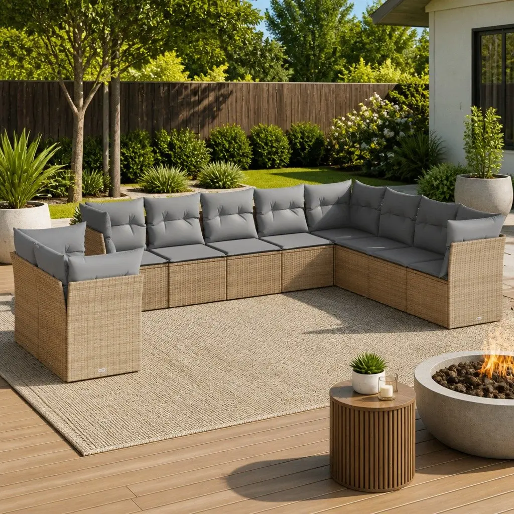 10-Piece Garden Sofa Set with Cushions Outdoor Patio Furniture Beige Rattan