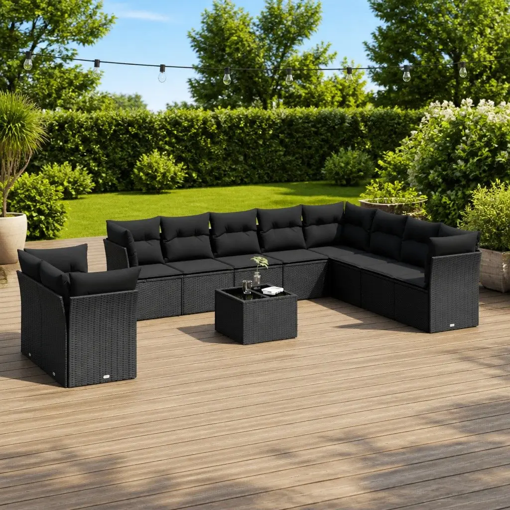 Black Modular Outdoor Sofa Set 11 Piece for Patio Garden Use with Cushions and Tempered Glass Tabletop