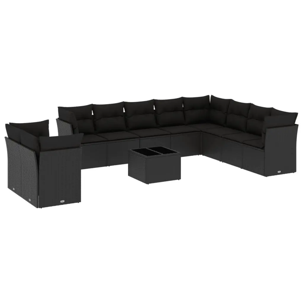 Black Modular Outdoor Sofa Set 11 Piece for Patio Garden Use with Cushions and Tempered Glass Tabletop