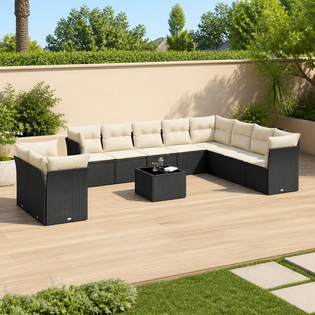 Garden Sofa Set Outdoor Furniture 11 Piece Patio Black Poly Rattan with Cushions