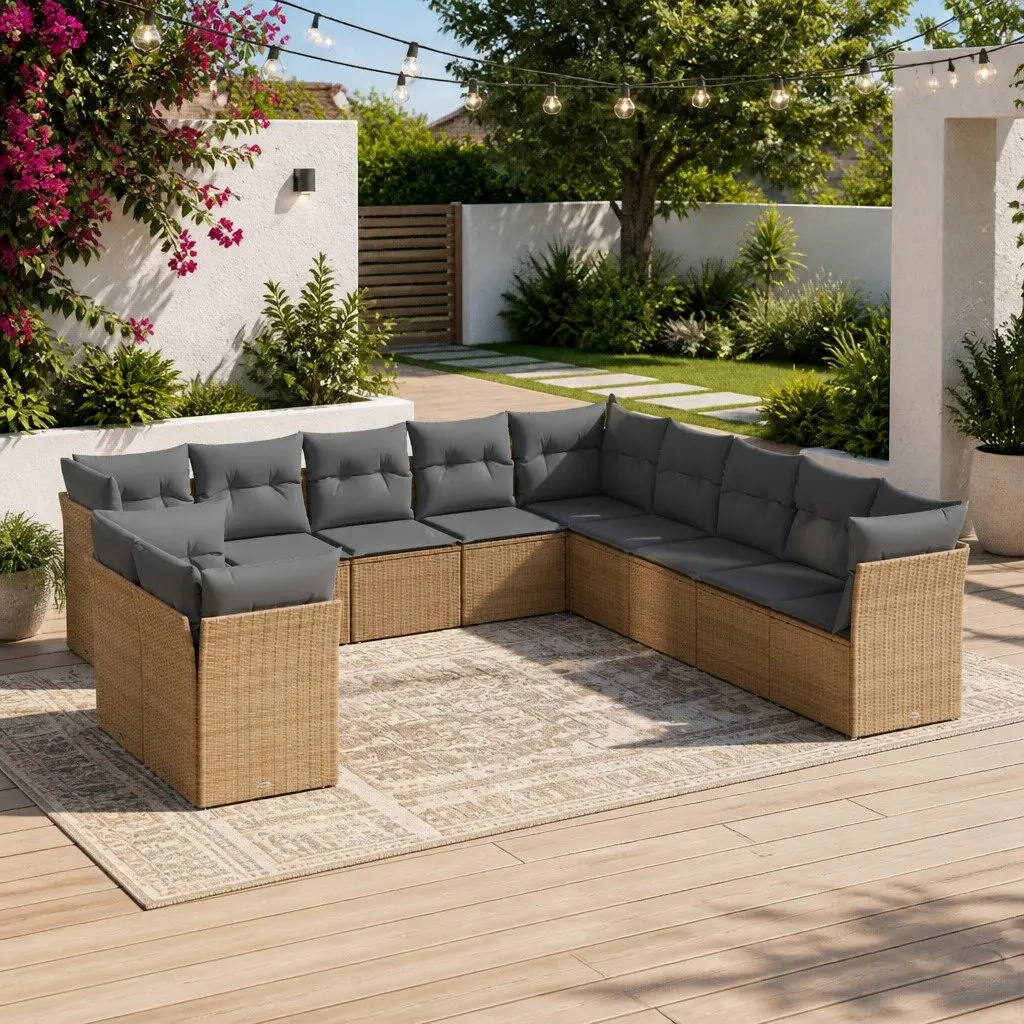Garden Sofa Set 11 Piece Outdoor Furniture Patio Beige Cushions Modular Rattan