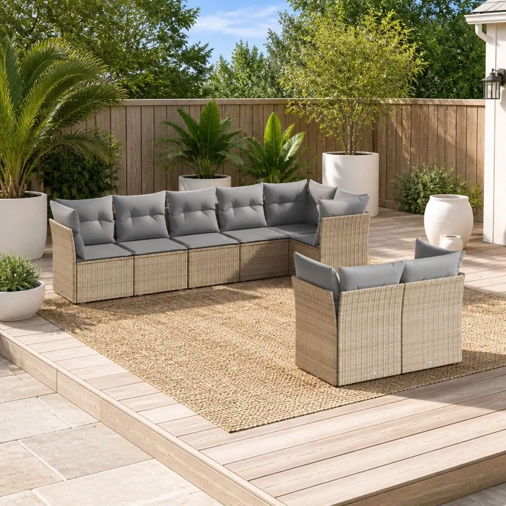 Garden Sofa Set Outdoor Furniture Patio 8 Piece Beige Poly Rattan with Cushions