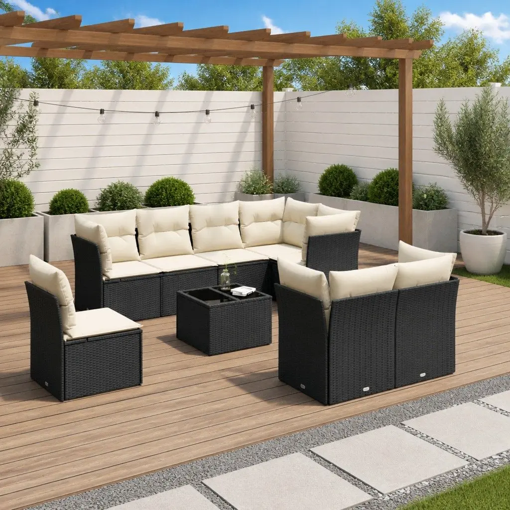 Outdoor Garden Sofa Set 9 Piece Black Poly Rattan Cushions Patio Furniture
