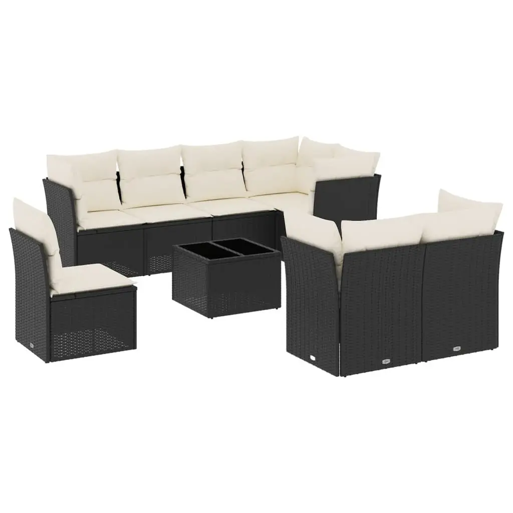 Outdoor Garden Sofa Set 9 Piece Black Poly Rattan Cushions Patio Furniture
