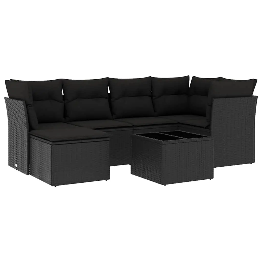 Garden Sofa Set Outdoor Furniture 7 Piece Black Poly Rattan with Cushions